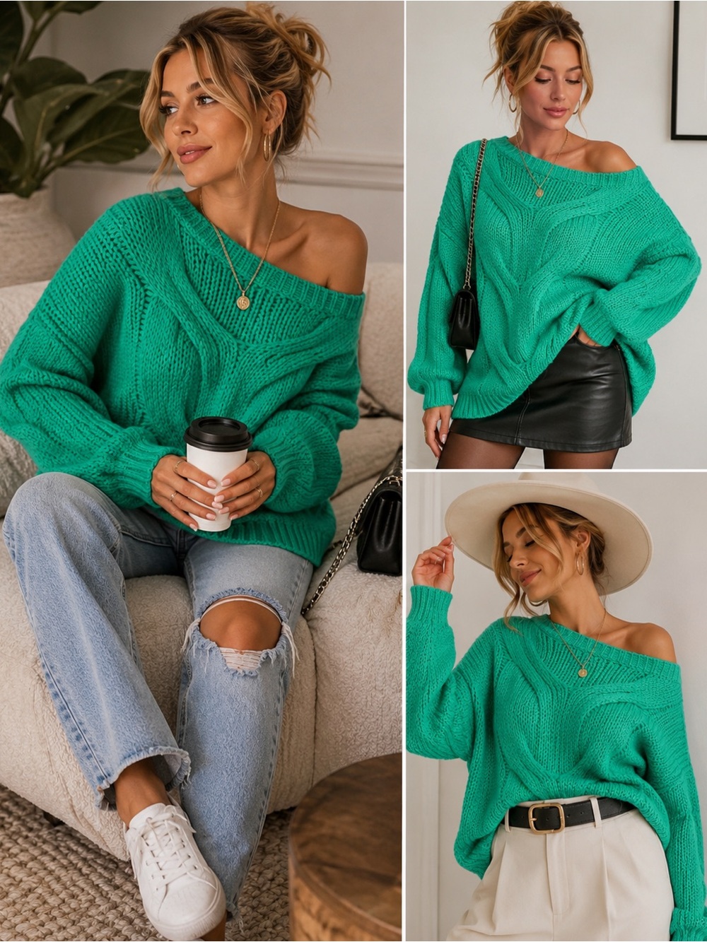NWT Oversized Emerald Green Cable Knit Sweater Off Shoulder Chunky cozy chic S
